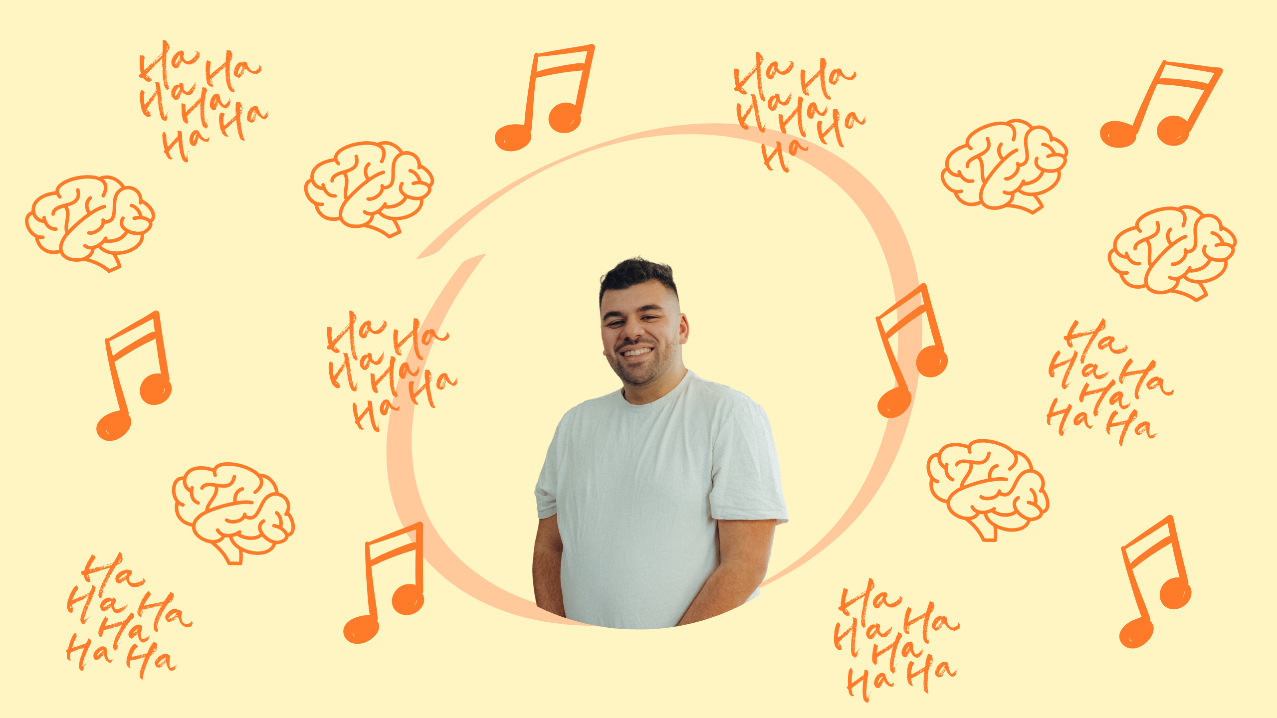 Bannière Youtube de Cyril Bigayon avec sa photo au milieu de celle-ci. La bannière est remplie de note de musique, d'écriture symbolisant Haha et de représentations dessinées de cerveau.