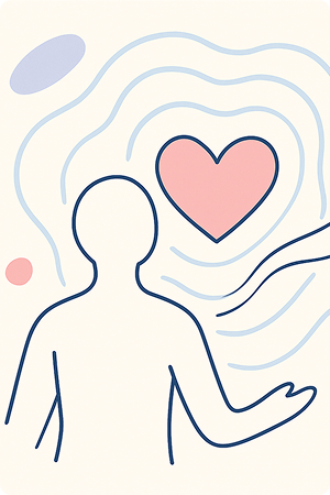 Dessin d'une silouhette regardant un coeur vibrant devant lui symbolisant les émotions.